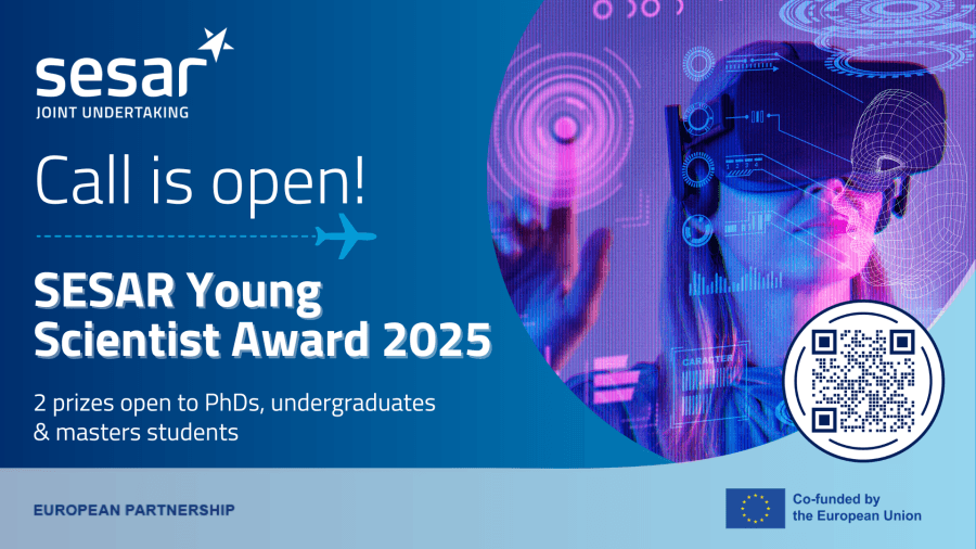 Promotional banner for SESAR Young Scientist Award 2025 featuring a young woman using virtual reality technology.