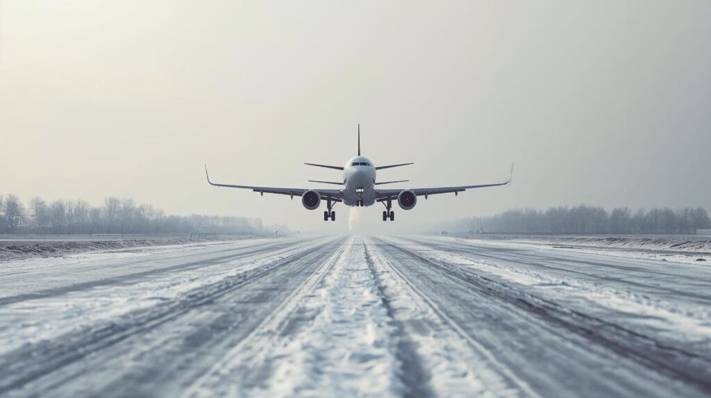 A commercial aircraft taking off in bright daylight from a snow-covered runway, demonstrating the reliability of Air Traffic Management safety and winter operations during the holiday season.
