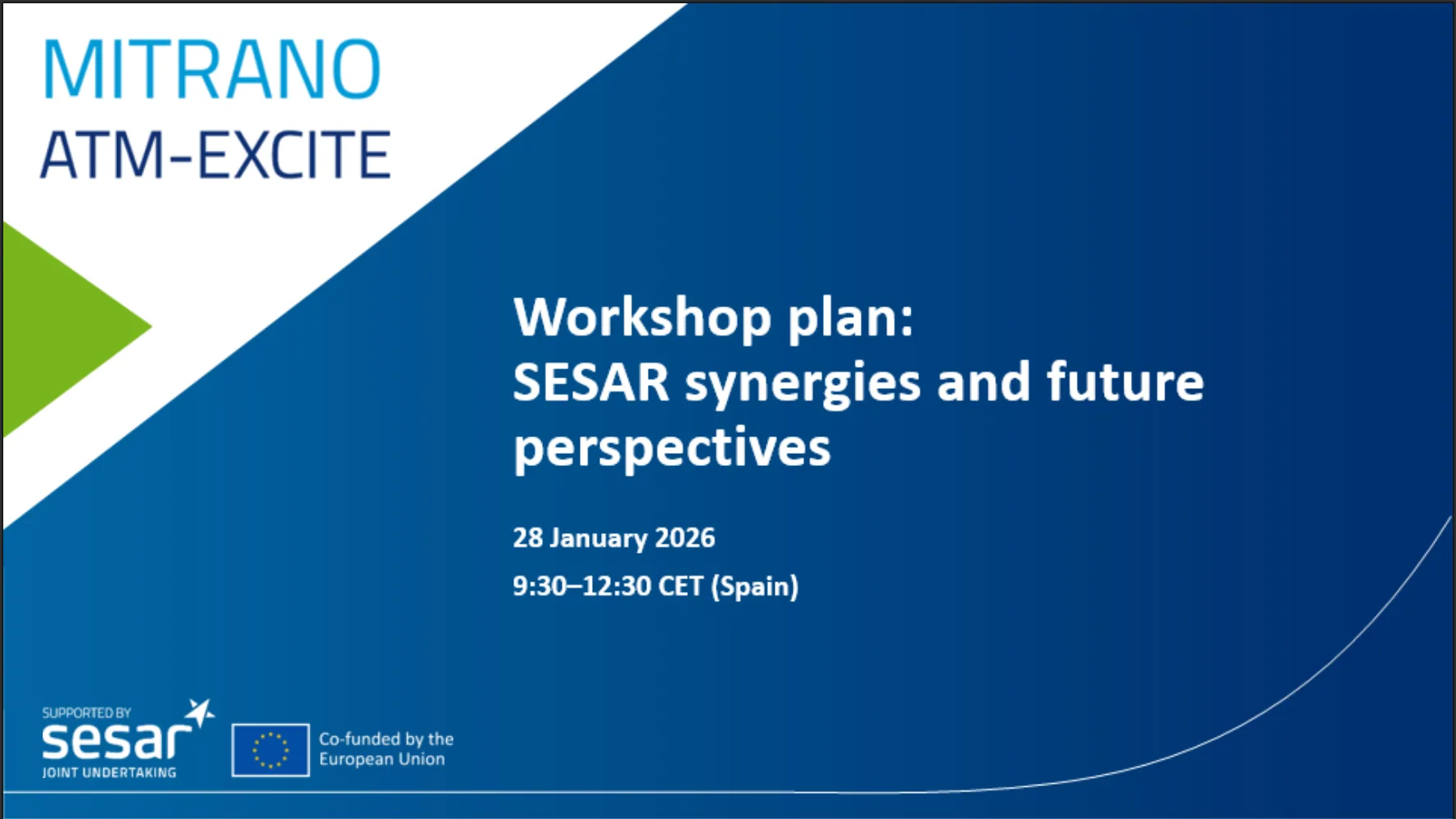 Cover slide for the MITRANO & ATM-EXCITE workshop ‘SESAR synergies and future perspectives’ (28 January 2026).